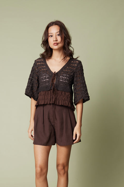 KAHVE — AJURLU DANTEL DETAYLI TRİKO BLUZ