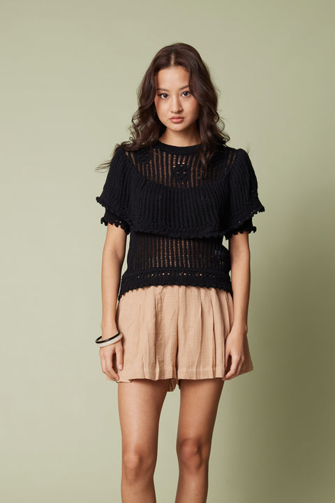 SİYAH — AJURLU FIRFIRLI TRİKO KAZAK