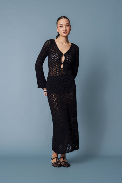 SİYAH — Ajurlu Triko Uzun Elbise