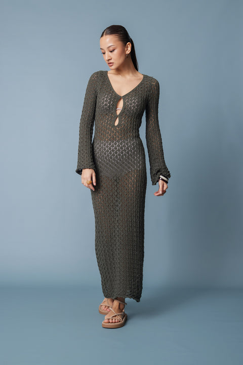 HAKİ — Ajurlu Triko Uzun Elbise