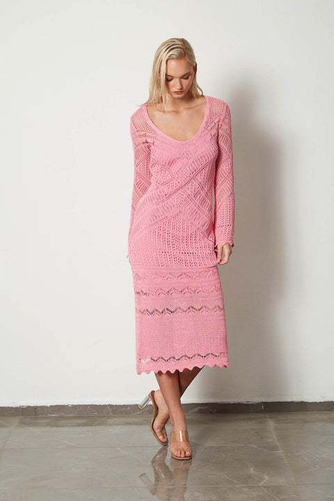 PEMBE — Ajurlu Uzun Triko Elbise