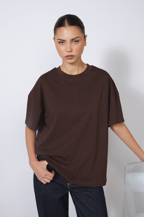 KAHVE — BİSİKLET YAKA KISA KOLLU PAMUKLU BASIC T-SHIRT