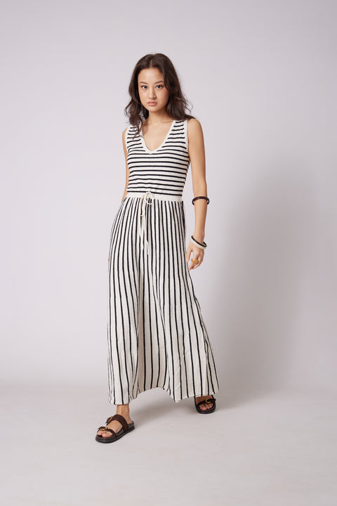 HAM EKRU-SİYAH — ÇİZGİLİ V YAKA TRİKO ELBİSE