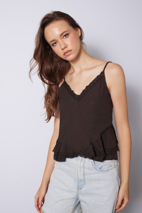 KAHVE — DANTEL DETAYLI ASKILI TOP