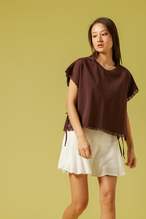 KAHVE — DANTEL DETAYLI PAMUKLU T-SHIRT