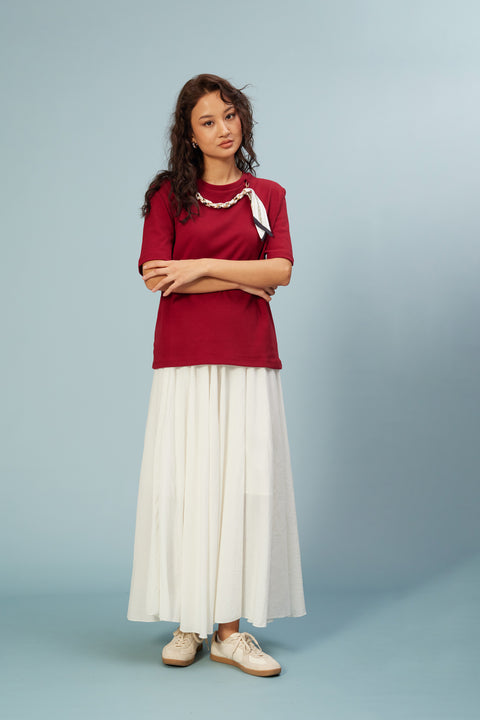 BORDO — FULAR DETAYLI PAMUKLU T-SHIRT