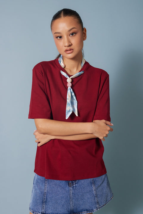 BORDO — FULARLI BİSİKLET YAKA T-SHIRT
