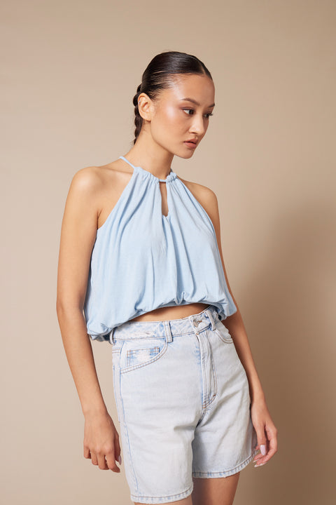 MAVİ — Halter Yaka Pencere Detaylı Balon Crop Top