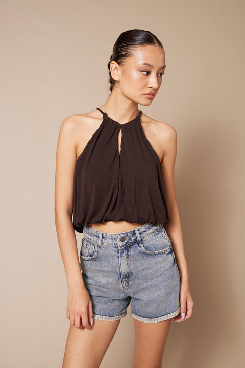 KAHVE — Halter Yaka Pencere Detaylı Balon Crop Top
