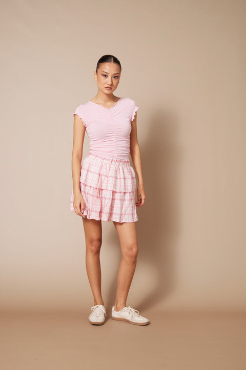 PEMBE — Kare Desenli Fırfırlı Katlı Mini Etek