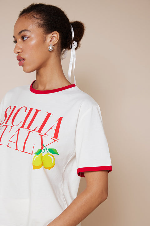 EKRU — KONTRAST DETAYLI YAZI BASKILI T-SHIRT