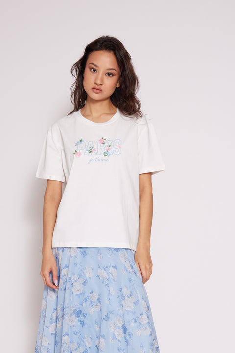 EKRU — NAKIŞLI KISA KOLLU T-SHIRT