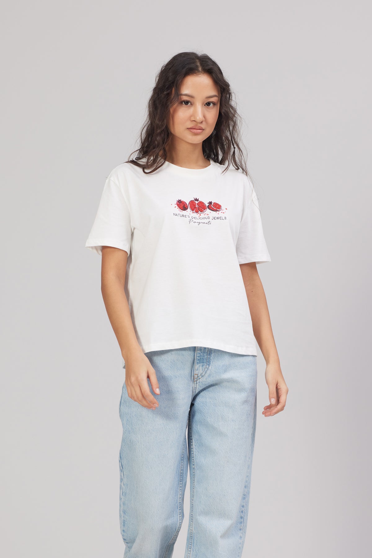 Nar Baskılı Pamuklu Bisiklet Yaka T-shirt