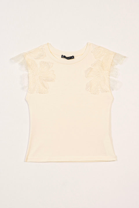 NATUREL — OMUZLARI ÇİÇEK DETAYLI KOLSUZ T-SHIRT