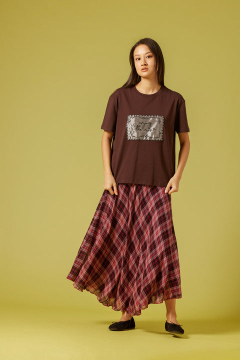 KAHVE — ORGANZE NAKIŞ DETAYLI T-SHIRT