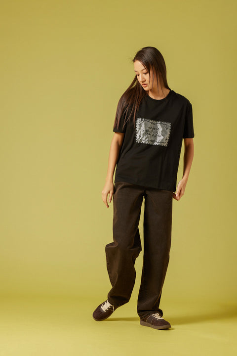 SİYAH — ORGANZE NAKIŞ DETAYLI T-SHIRT
