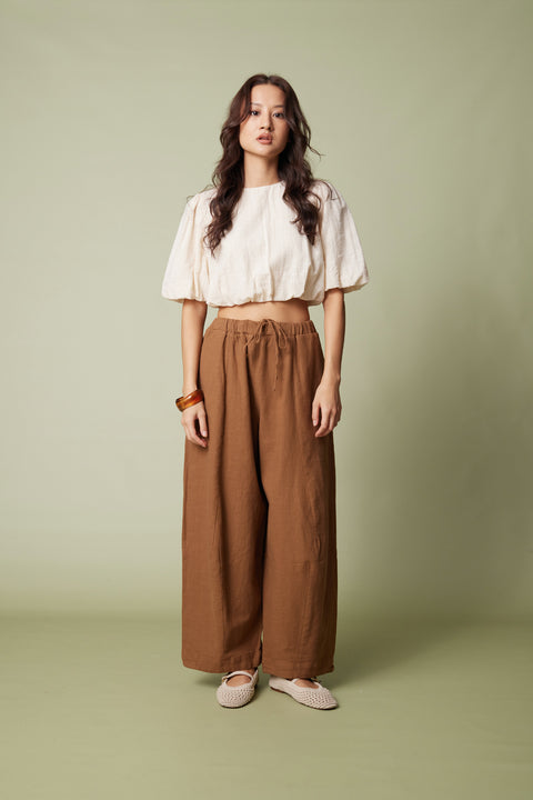 KAHVE — PAMUKLU BARREL FIT PANTOLON