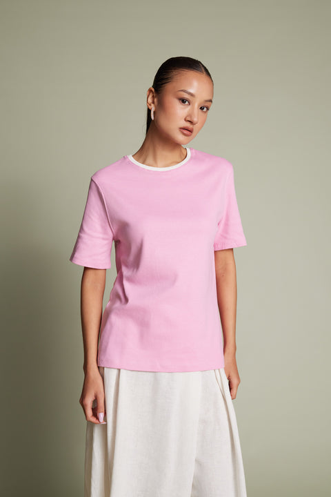 PEMBE — Pamuklu Kısa Kollu Kontrast Bisiklet Yaka T-shirt