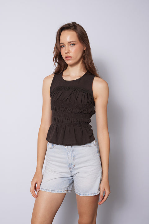 KAHVE — SIRT DETAYLI DANTELLİ TOP