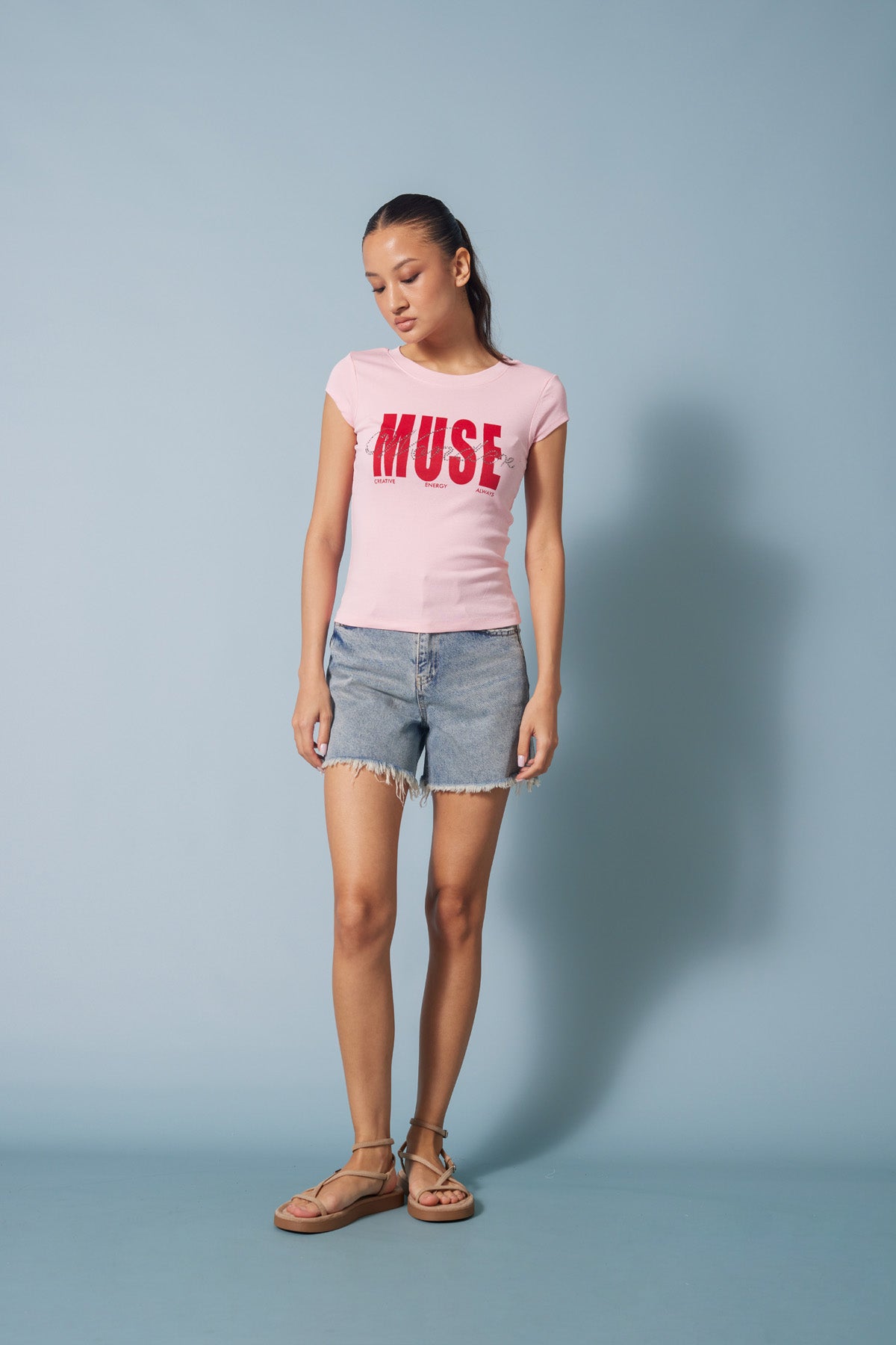 STRASS TAŞ BASKILI BİSİKLET YAKA T-SHIRT