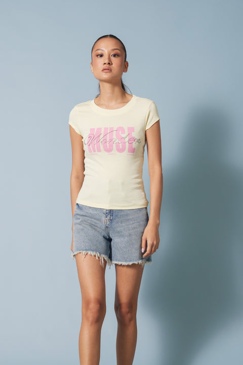 SARI — STRASS TAŞ BASKILI BİSİKLET YAKA T-SHIRT