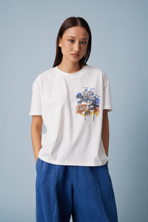 EKRU — BASKILI KISA KOLLU T-SHIRT