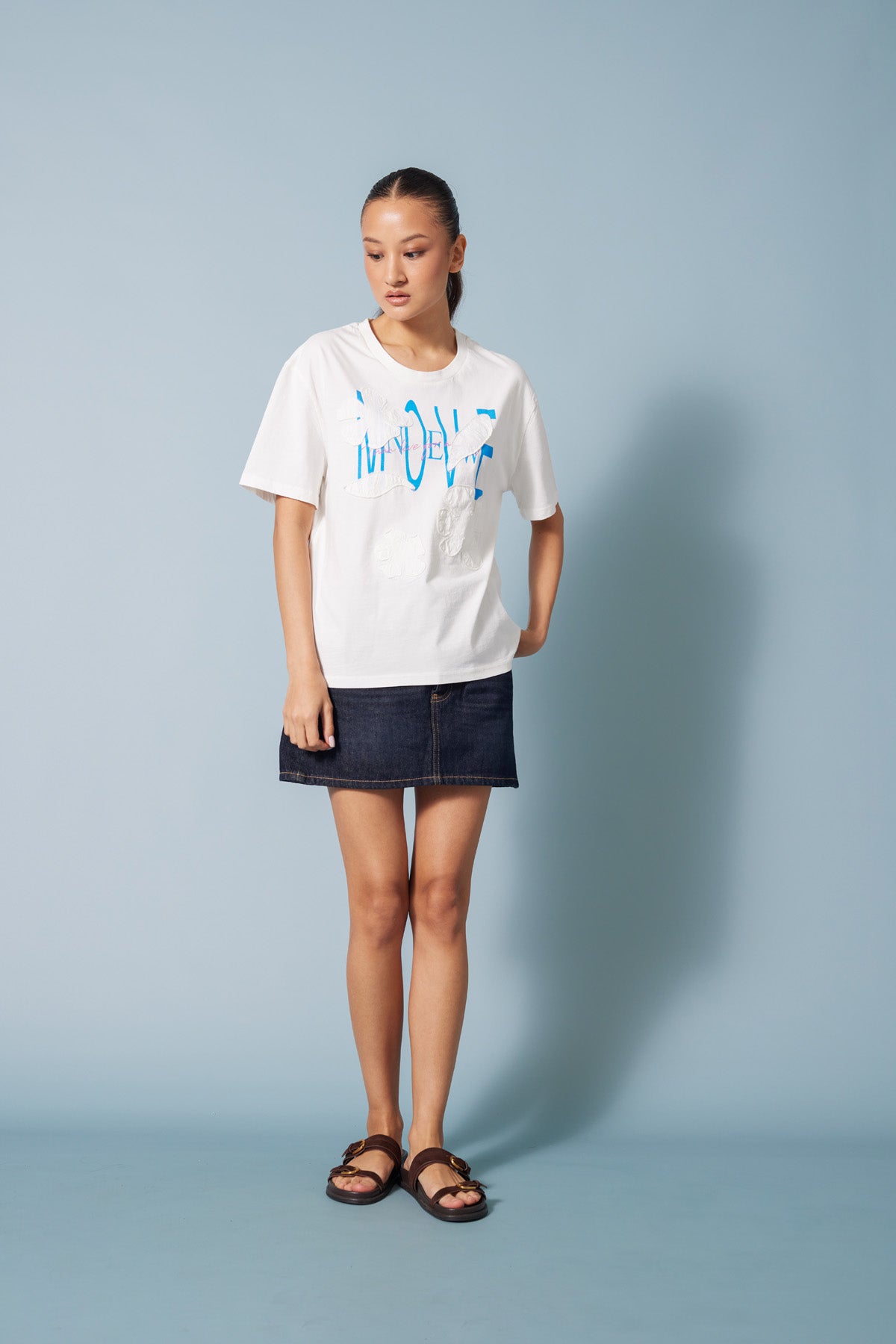 ÇİÇEK BASKILI BİSİKLET YAKA T-SHIRT
