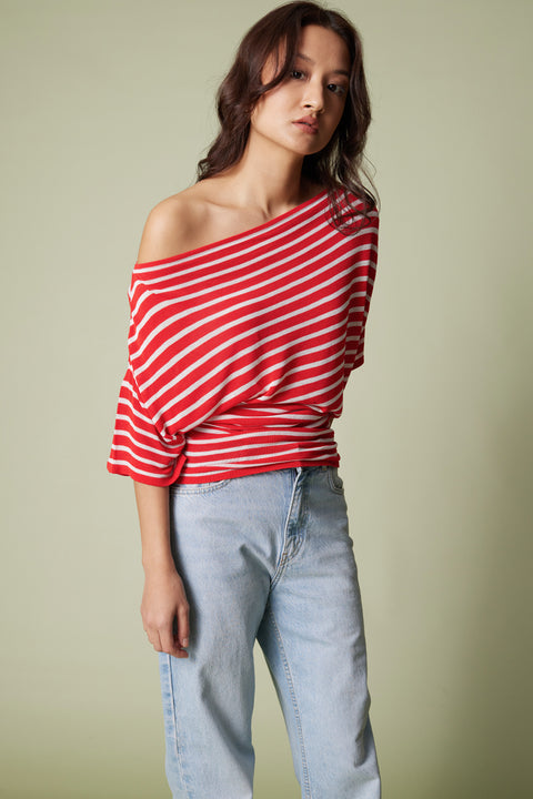 KIRMIZI-EKRU — ÇİZGİLİ ASİMETRİK TRİKO BLUZ