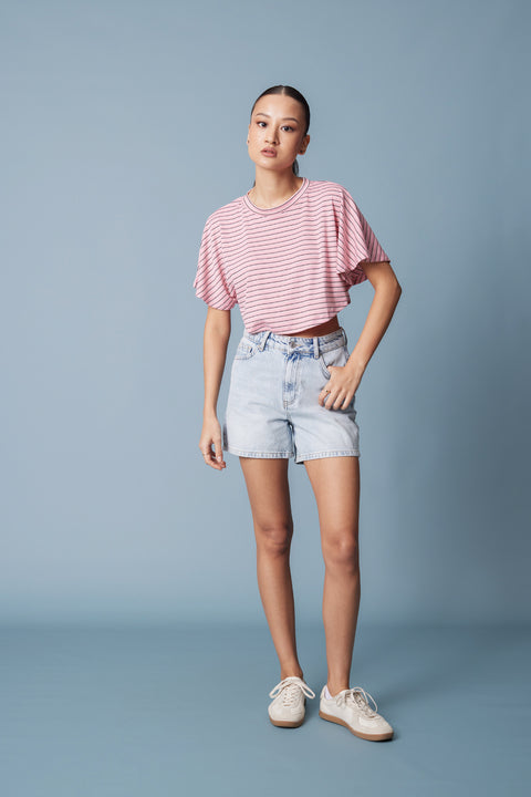 PEMBE — ÇİZGİLİ YARASA KOL T-SHIRT