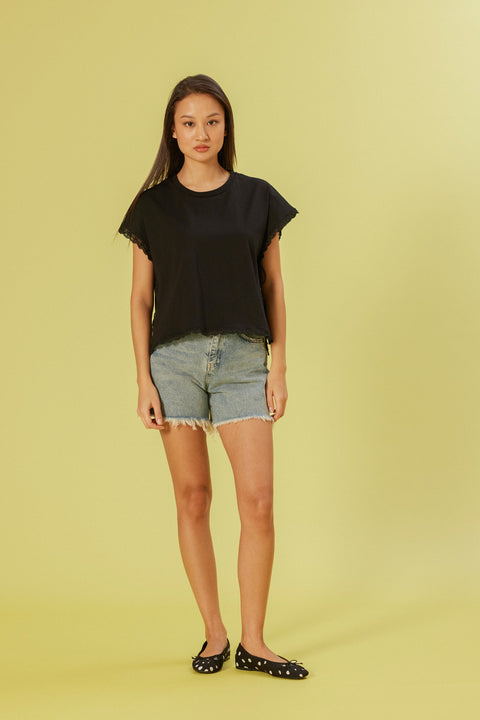 SİYAH — DANTEL DETAYLI PAMUKLU T-SHIRT