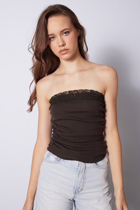 KAHVE — DANTEL DETAYLI STRAPLEZ TOP