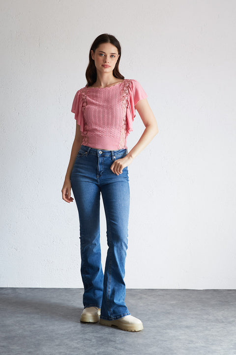 PEMBE — Ajurlu Dantel Detaylı Volan Kollu Triko Bluz