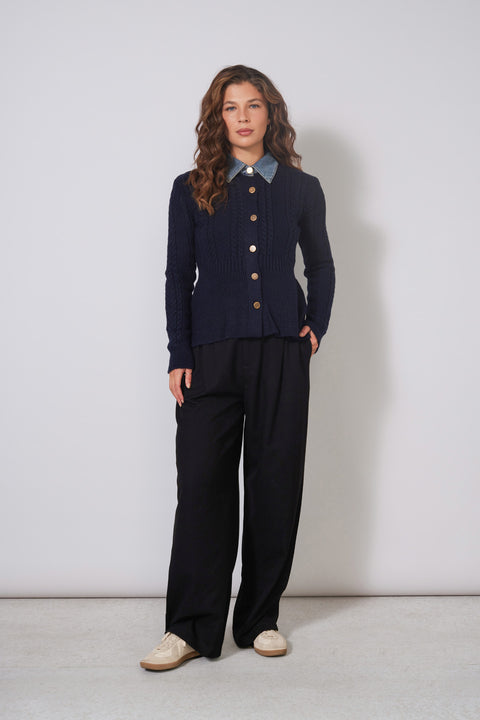 LACİVERT — DENİM YAKA DETAYLI PEPLUM TRİKO KAZAK