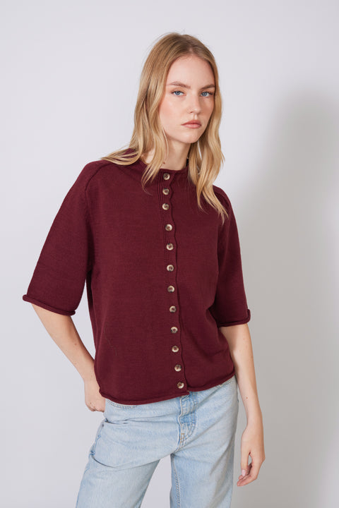 BORDO — DİK YAKA REGLAN KOL DÜĞMELİ TRİKO HIRKA