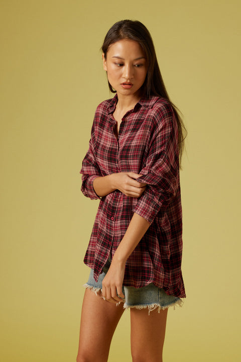 VİŞNE — EKOSE DESENLİ OVERSIZE GÖMLEK