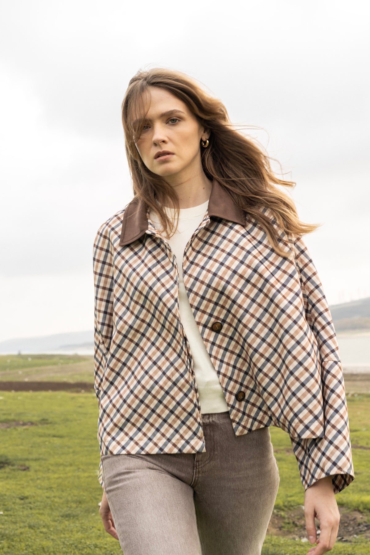 EKOSE DESENLİ OVERSIZE SÜET CEKET