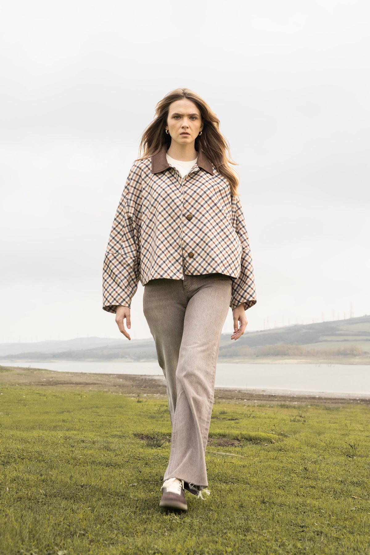 EKOSE DESENLİ OVERSIZE SÜET CEKET