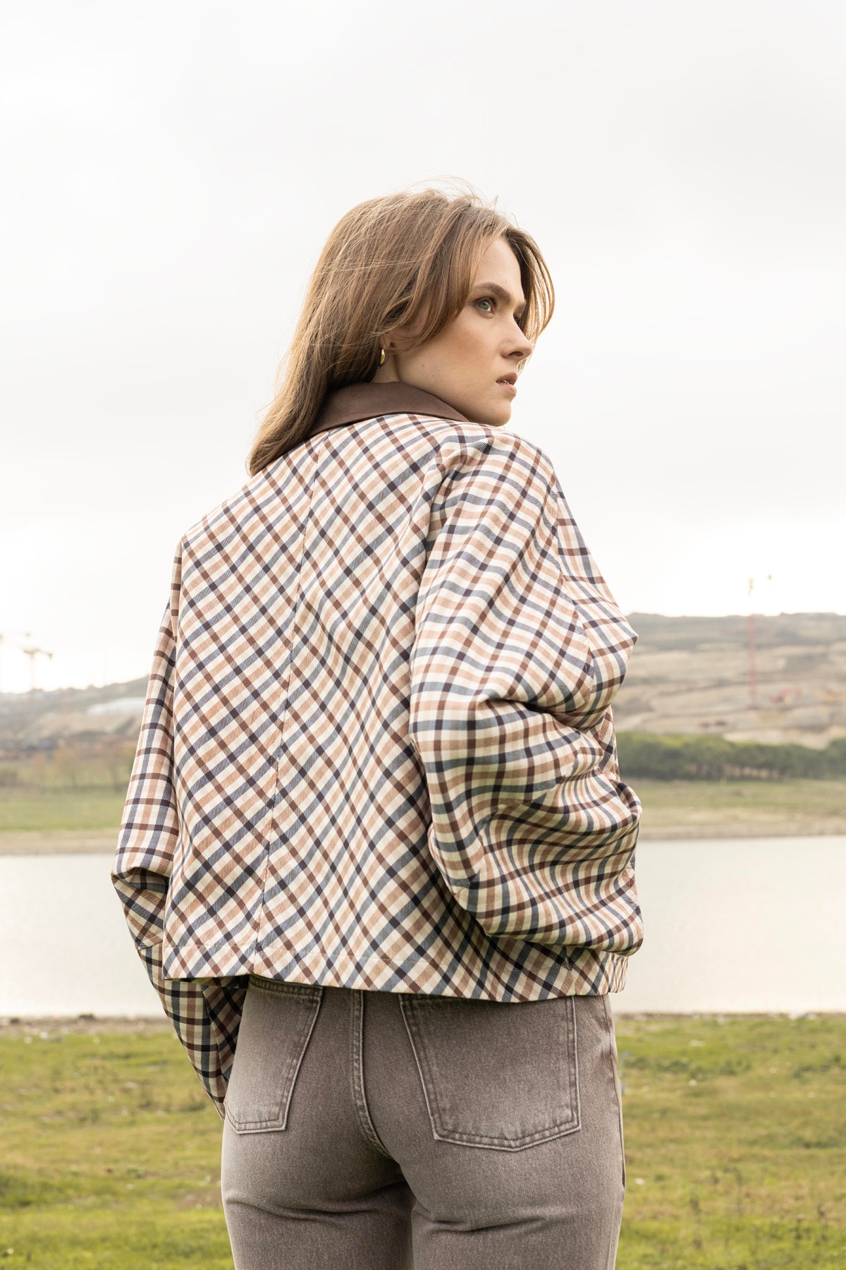 EKOSE DESENLİ OVERSIZE SÜET CEKET