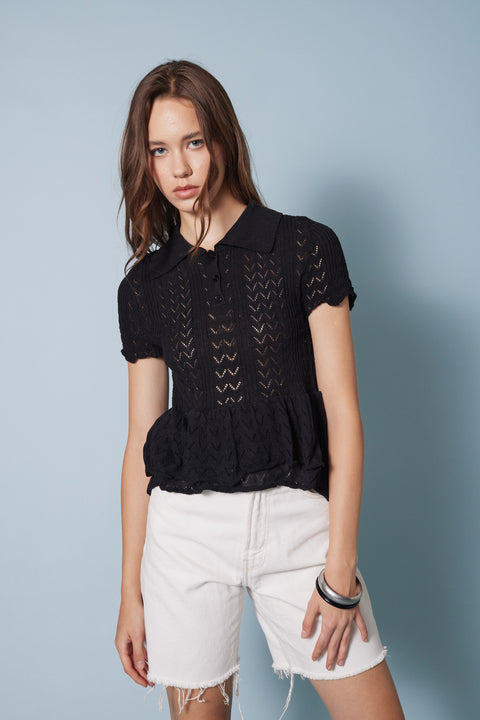 SİYAH — FIRFIRLI POLO YAKA TRİKO BLUZ