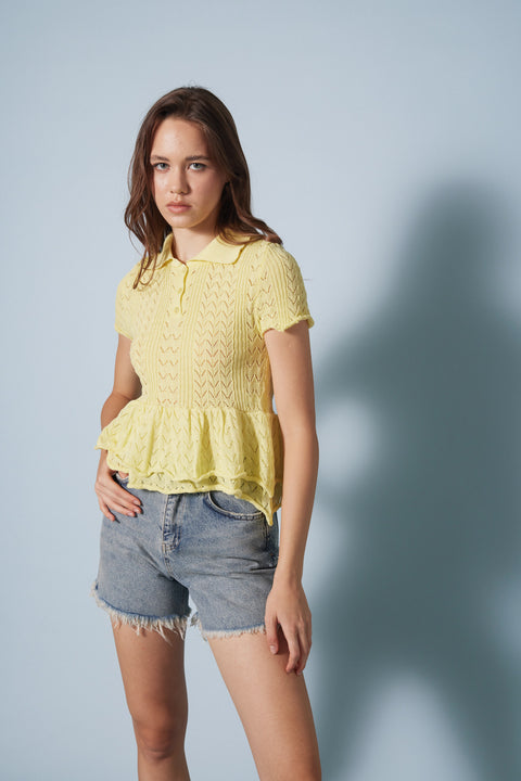SARI — FIRFIRLI POLO YAKA TRİKO BLUZ