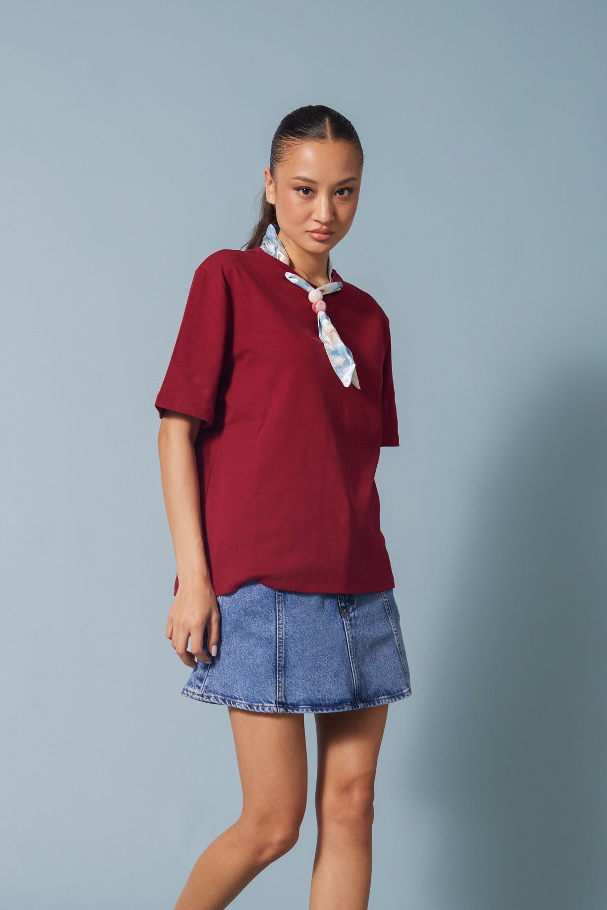 FULARLI BİSİKLET YAKA T-SHIRT