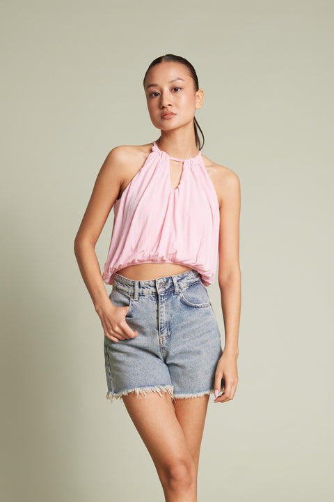 PEMBE — Halter Yaka Pencere Detaylı Balon Crop Top