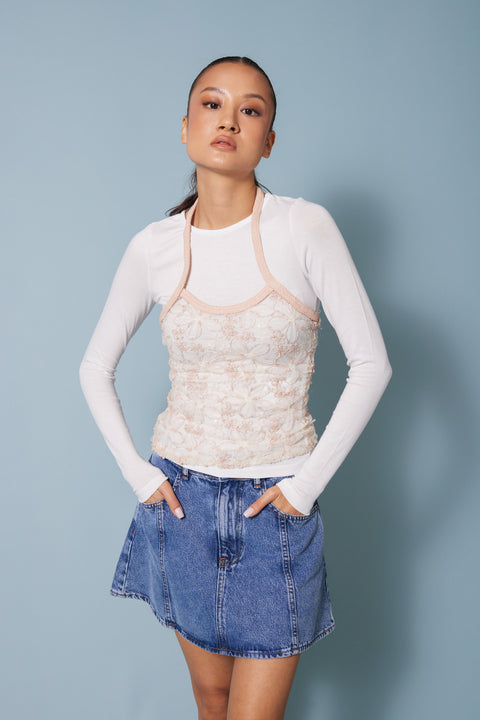 PUDRA — İŞLEMELİ TÜL DETAYLI UZUN KOLLU T-SHIRT