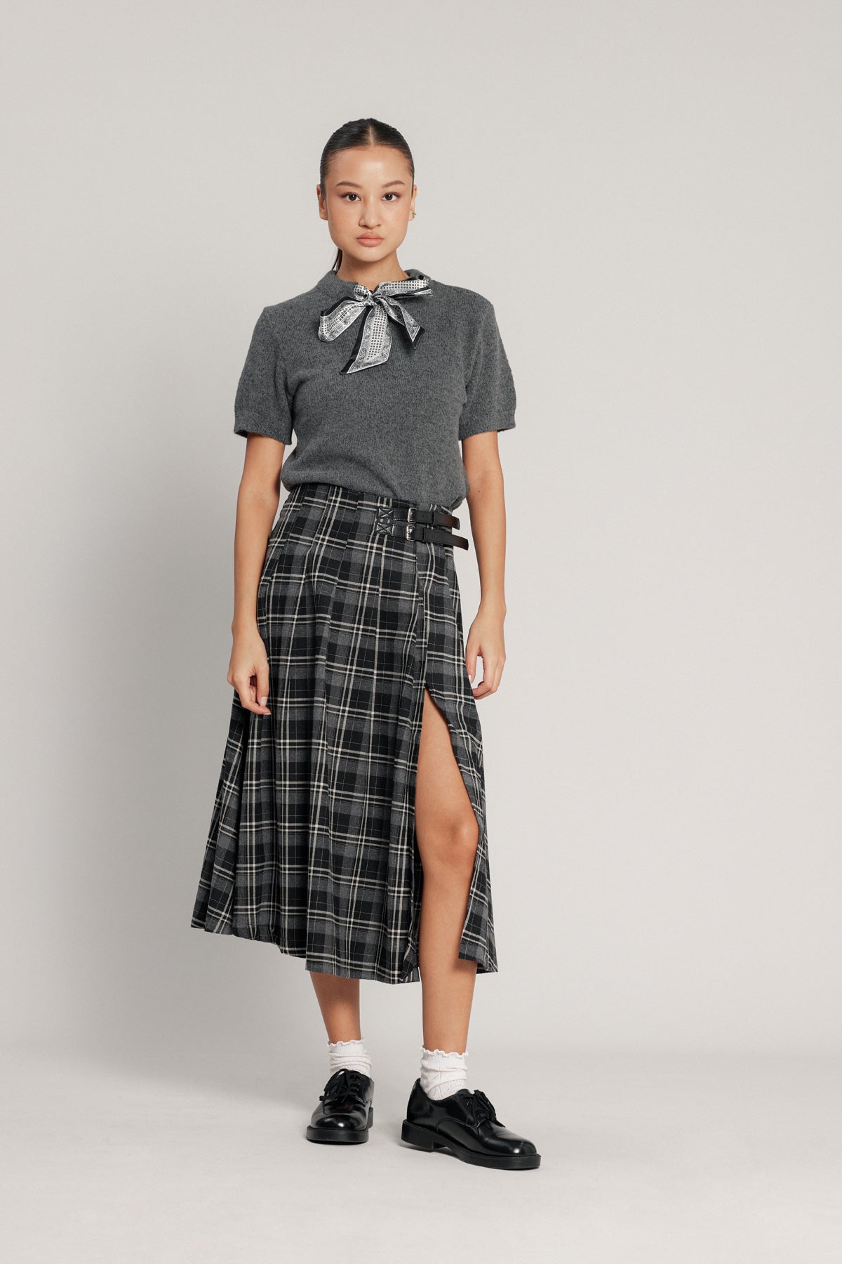 KEMER DETAYLI EKOSE DESENLİ ETEK