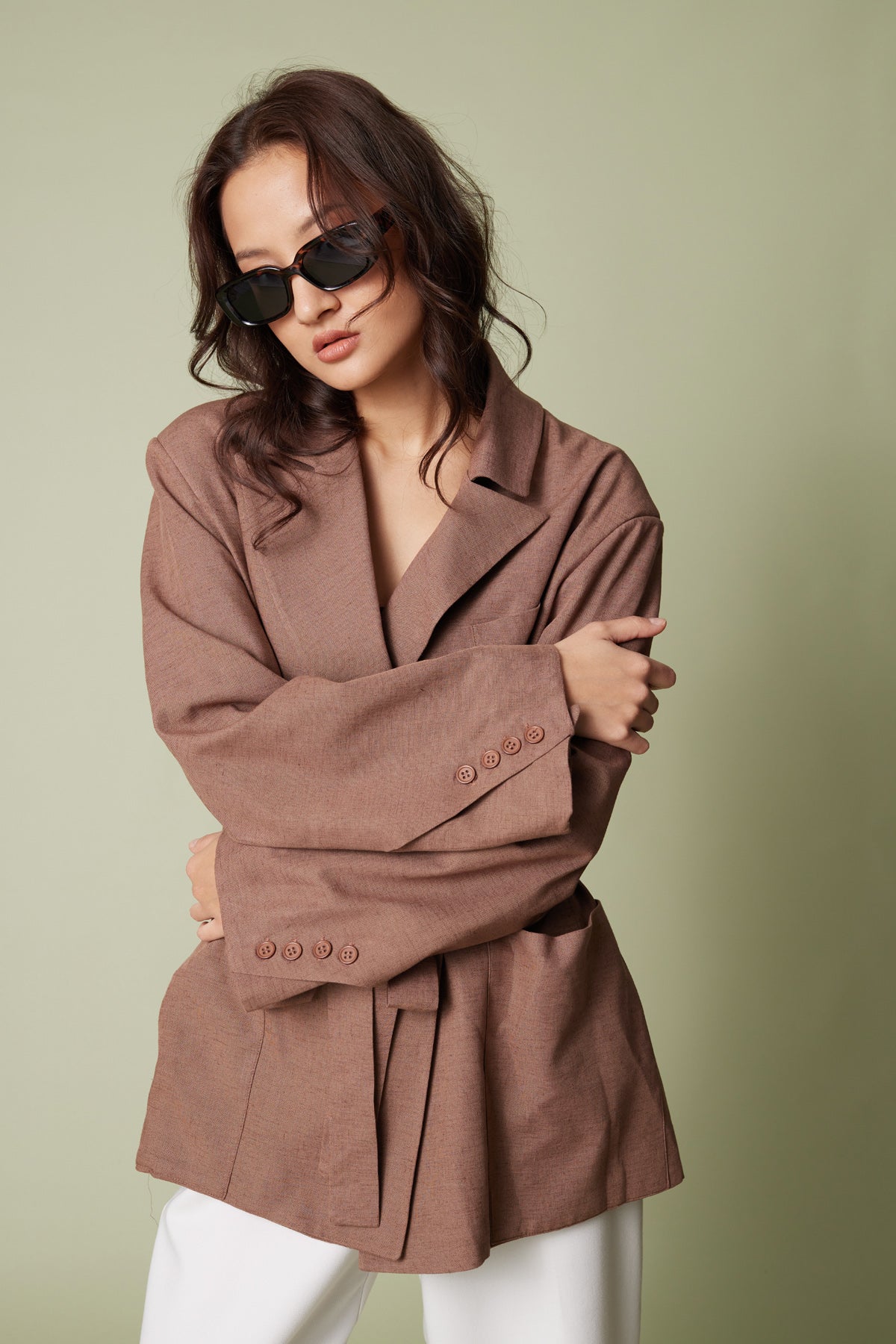 KETEN KARIŞIMLI KUŞAKLI BLAZER CEKET