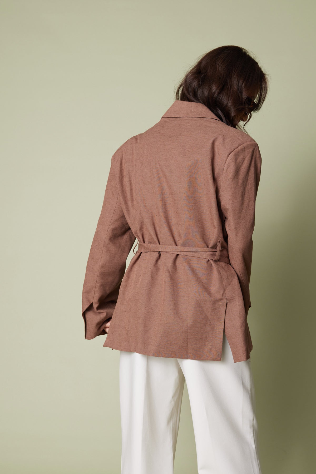 KETEN KARIŞIMLI KUŞAKLI BLAZER CEKET