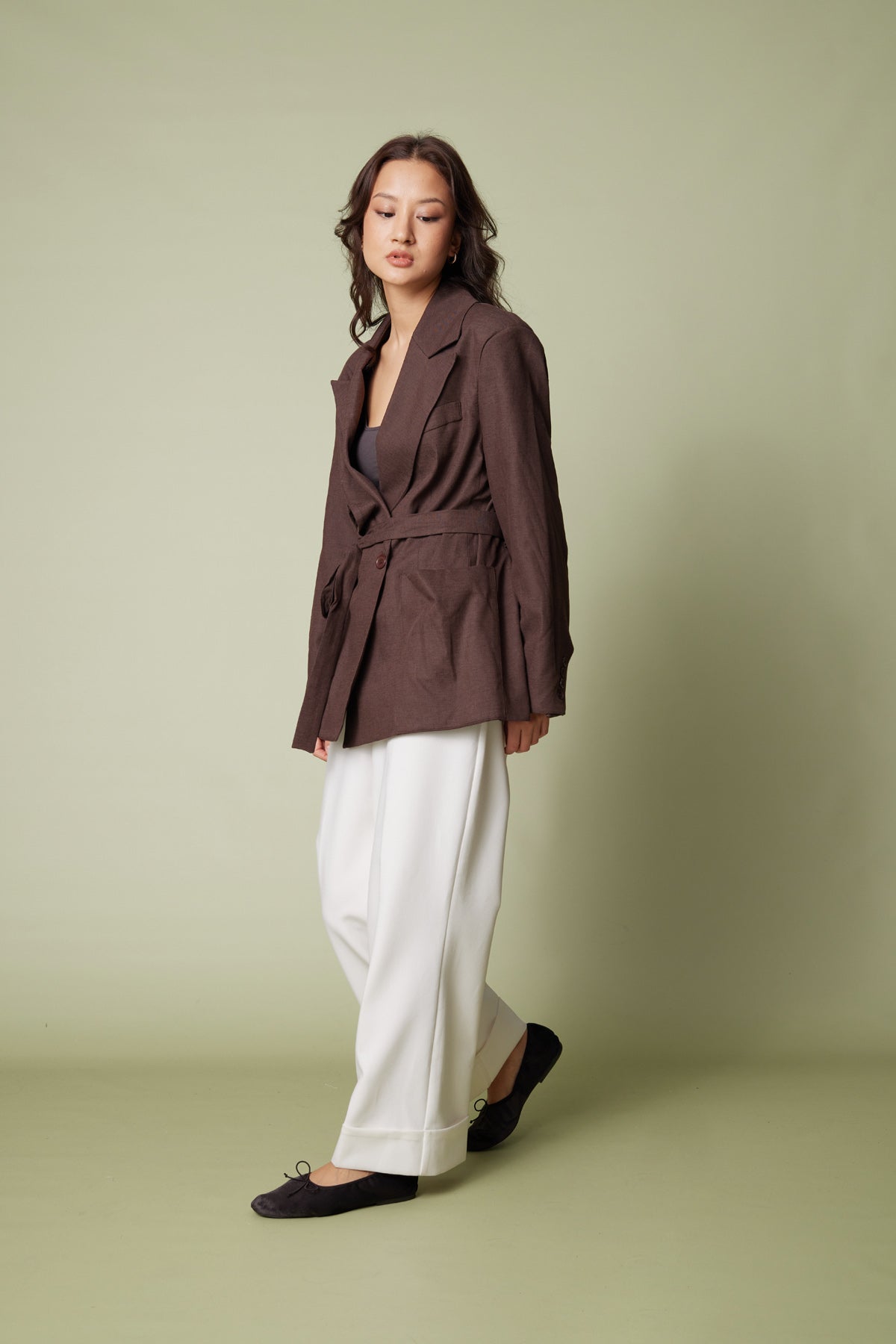 KETEN KARIŞIMLI KUŞAKLI BLAZER CEKET
