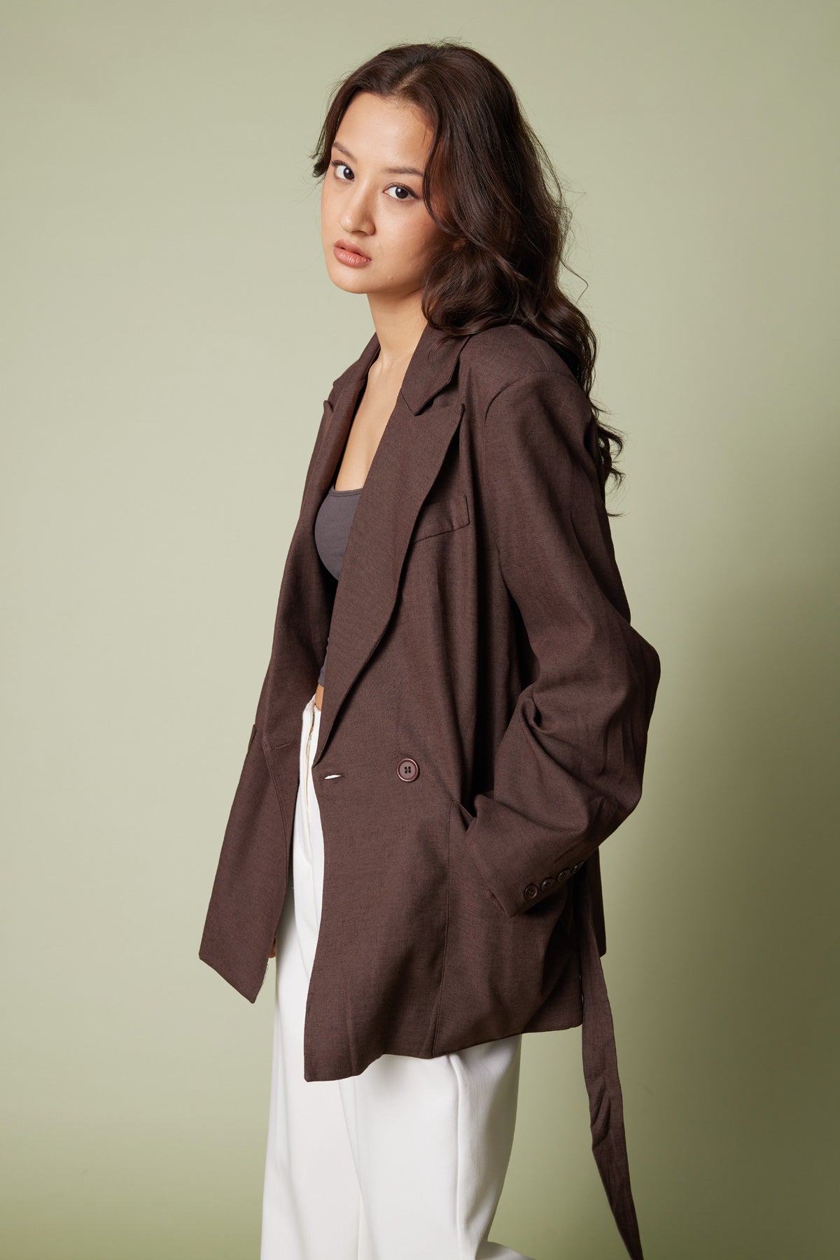 KETEN KARIŞIMLI KUŞAKLI BLAZER CEKET