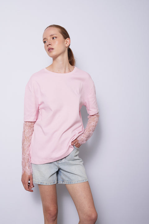 PEMBE — KOLLARI DANTEL DETAYLI T-SHIRT
