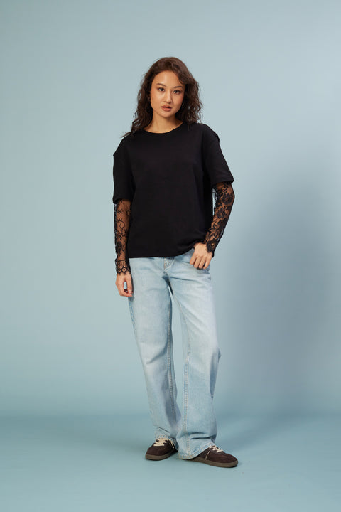SİYAH — KOLLARI DANTEL DETAYLI T-SHIRT